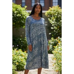 Magnolia Pearl Midi Dress SZ OS Blue Bandana Paisley Floral Long Sleeve RARE